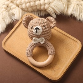 Wooden Baby Rattle Crochet Bear Baby Toys Handmade Newborn Toy Early Development Grips Stuffed Animal Organic Rattle (Bear)