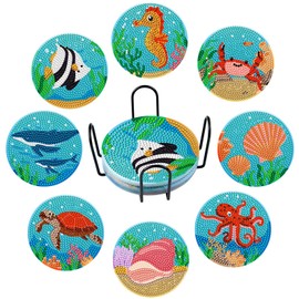 Bouiexye Diamond Painting Coasters Kit, 8pcs Ocean Diamond Art Coasters with Holder DIY Diamond Art Crafts Supplies for Adults Beginners Beach House Decor
