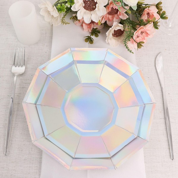 Efavormart 25 Pack | 7.5" Iridescent Decagonal Premium Dinner Paper Plates - 300 GSM for Wedding Receptions, Banquets, Catered Events
