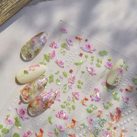 2Sheets Holographic Koi Fish and Lotus Flower Nail Art Stickers, Clear Transparent Design, Iridescent Effect