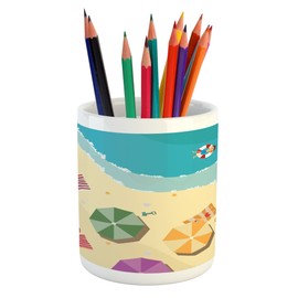 Lunarable Beach Pencil Pen Holder, Boy Sunbathing in the Sea Exotic Summer Holiday Cartoon Style Beach with Umbrellas, Printed Ceramic Pencil Pen Holder for Desk Office Accessory, Multicolor