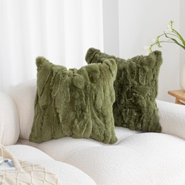 ROSE FEATHER Genuine Rabbit Fur Throw Pillow Covers Set of 2,Luxury Decorative Pillowcases Soft Fluffy Animal Skin Accents Square Cushion Cover for Couch Sofa Bedroom Living Room Home,18x18 inch,Green