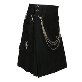 Scottish Black Fashion Utility Kilt with Silver Chains (Belly Button Measurements 38)
