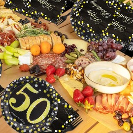50th Birthday Decoration Tableware Set Plates and Napkins,Women and Men 50th Themed Party Black and Gold Tableware Dessert Plates and Beverage Napkins Service 16 Guest