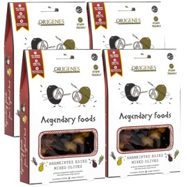Pack of 4 Mixed Olives in Vacuum with Special Box, Green Olives in Lemon juice, Kalamon Olives with Savory Greek Oregano and Lemon juice, Freshly Sealed Olives with Extra Virgin Oil 4X200g