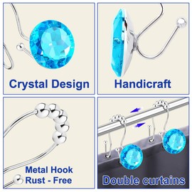 Yapicoco Shower Curtain Hooks Rings for Bathroom, 12PCS Double Hooks Glide Anti Rust Crystal Rhinestones Shower Curtain Rings Hangers for Shower Curtains, Clothing, Towels, etc. (Aqua Blue)