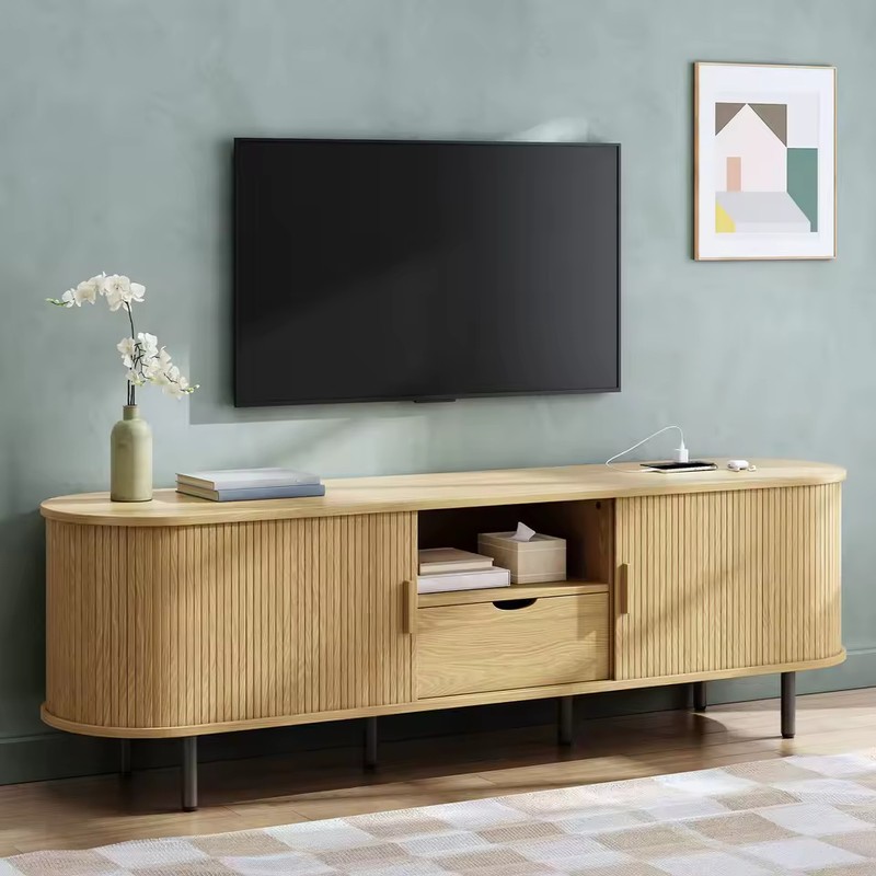 69-Inch Wood TV Stand with Power Outlet and Hidden Storage