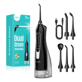 COSLUS Irrigador Bucal, Irrigador Dental Profesional con 5 Boquillas, 3 Modos, Tanque de Agua de 300 Ml, IPX7 Impermeable, Limpiador Bucal Recargable Portátil, Adecuado para Uso Doméstico y de Viaje