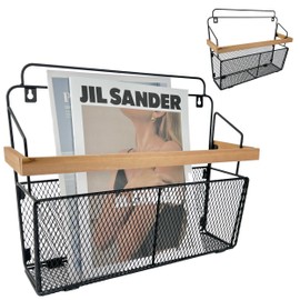 Pubgeer Wall File Organizer with Wooden Trim, Wall Mounted Magazine Holder, Hanging File Organizer, Metal Wire Hanging Magazine Rack for Living Room and Office, Hanging Paper Organizer, 2 Packs