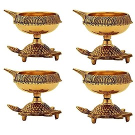 SATVIK 4 PC Kuber Turtle Diya for Diwali Decoration Handmade Oil Lamp with Golden Virgin Brass Metal Diwali Diya Vilakku for Puja Pooja Traditional Indian Deepawali Items