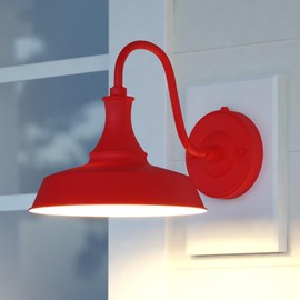 VAXCEL Dorado 9 in. H 1-Light Red and White Dusk to Dawn Sensor Farmhouse Outdoor Wall Sconce, Gooseneck Steel Shade, LED Compatible, Dark Sky Compliant for Exterior Porch Patio Front Door or Garage