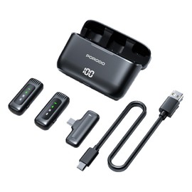 Porodo Lavalier Double Microphone with Charging Case,12H Working Time, Low-Latency, Digital Display, Plug & Play, Type-C Connector with Lightning Head Adapter, Durable Material - Black