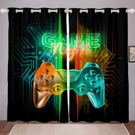 Feelyou Gamer Curtains for Bedroom Kids Gaming Video Game Curtains for Bedroom Noverlty Modern Gamepad Window Drapes Gamer Console Window Treatments Bright Orange Green Decor (2 Panels， 52 x 63 Inch)