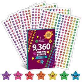 Decorably 9.360 calcomanías vibrantes de estrellas pequeñas para niños recompensa, 45 hojas con 5 diseños para gráficos y hojas de trabajo, actividades en el aula, refuerzo positivo, artes y