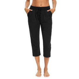 LEXISLOVE Capris for Women Casual Summer Wide Leg Crop Pants Loose Comfy Drawstring Yoga Jogger Capri Pants with Pockets Black M