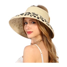La Carrie Wide Brim UV Protection Sun Hats for Women with Leopard Trim Straw Roll Up Beach Visor Hat UPF 50+(Beige with Leopard 2)
