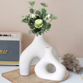 Vnmcry Ceramic Vase Minimalist Nordic Matte Modern Hollow Donut Vase Decor for Wedding Living Room Entryway Bookshelf Office Desk Dinner Table (White, Set of 2)