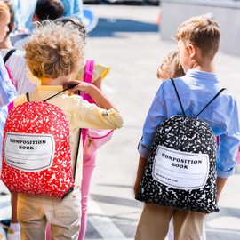 Sunnymove 24 Pcs Composition Book Themed Drawstring Bags Bulk Treat Backpacks Carrying Binders Folders Computers for Back to School Party Favors Writing Teacher Classroom Readers Book Lovers Supplies