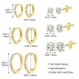 ALEXCRAFT Gold Earrings Set, 6 Pairs 14K Real Goldplated Hoop Earrings Set for Women, Shiny AAA+ Diamond Zirconia Hoops Mini Ball Studs Small Gold Eairrngs, Hypoallergenic Cartilage Huggie Earrings