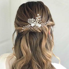 BETITETO Bridal Flower Hair Comb White Wedding Floral Crystal Pearl Silver Leaf Hair Pin Piece Accessories for Women