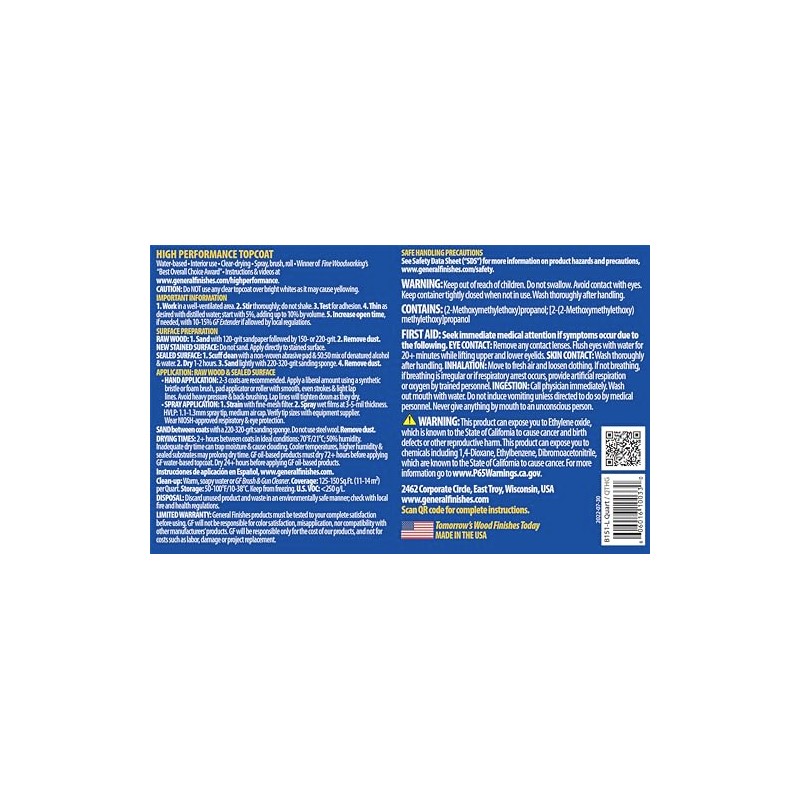 General Finishes High Performance Water Based Topcoat, 1 Quart, Gloss