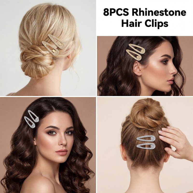 8Pcs Rhinestone Hair Clips, Crystal Hair Barrettes Bling Metal Snap