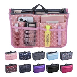 JJ PRIME - Multi Compartment Bag Handbag Insert | Expandable Handbag Organiser Insert | Pink Tote Bag Organiser Insert | Tote Bag Divider Organiser with 13 Pockets (Polka Dots, Pink)