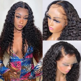 14IN Water Wave Lace Front Wigs Human Hair 13x1 HD Lace Front Wigs Pre Plucked Bleached Knots 200% Density Glueless Wigs Human Hair，T Part Lace Front wig with Baby Hair Soft