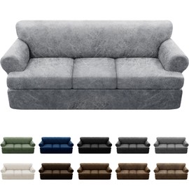 Pfrstuv 4-Piece T Cushion Sofa Slipcover - Leather Look Couch Cover for 3-Cushion Furniture - Stretch Protector With Individual Seat Covers - Washable, Light Grey