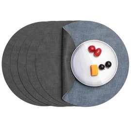 Myir JUN Round Placemats Dual Sided, Faux Leather Place Mats Set of 6 Indoor Placemats for Dining Table Outdoor Placemats Non-Slip Washable Table Mats (Gray Light Blue, Set of 6)
