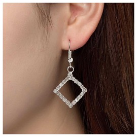 Allereyae Vintage Crystal Square Drop Earrings Rhinestone Square Dangle Earrings Hollow Square Hook Earrings Silver Sparkly Cz Square Earrings Jewelry for Women