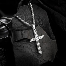 murtoo Cross Necklace for Men Gold Rope Chain Stainless Steel Necklace for Mens Silver Chain Mens Gifts for Him Boyfriend Father Silver, 24'' Wheat Chain