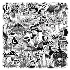 50 Pcs Black and White Gothic Mushrooms Stickers for Laptop Water Bottles,Bicycle,Skateboard,Computer,Gothic Style Decorative Stickers Waterproof Vinyl,Graffiti Stickers for Girls Boys Children