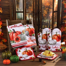 HunnmingRe 6 Pcs Fall Kitchen Accessories Sets, Including Pumpkin Dish Towels Oven Mitts Pot Holders Harvest Maple Leaf Baking Gifts for Autumn Fall Thanksgiving Home Cooking Supplies