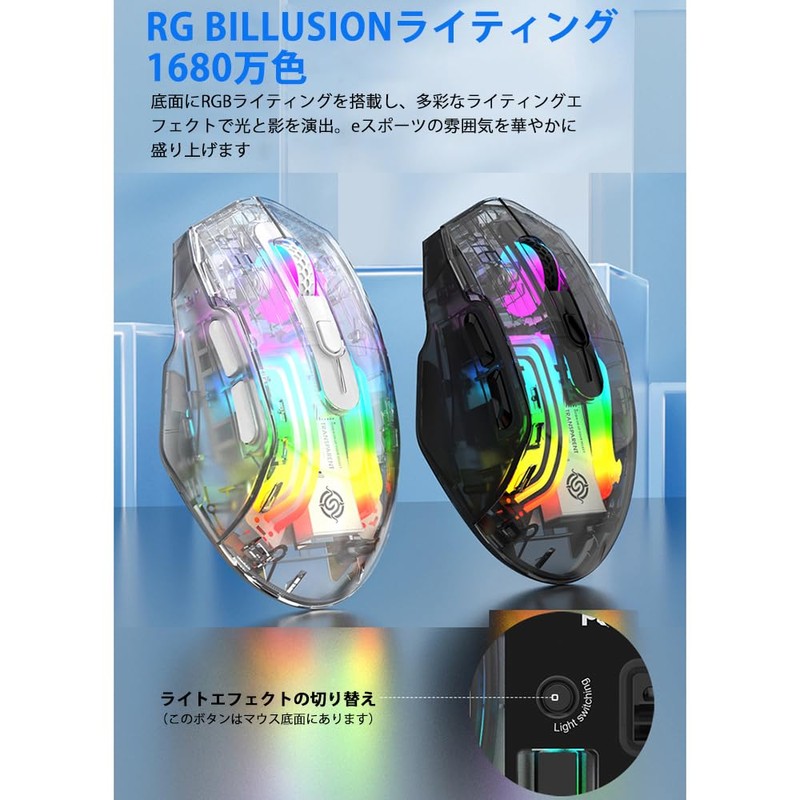 Docooler Wireless Gaming Mouse, Transparent Crystal Shell, 3 Modes (USB
