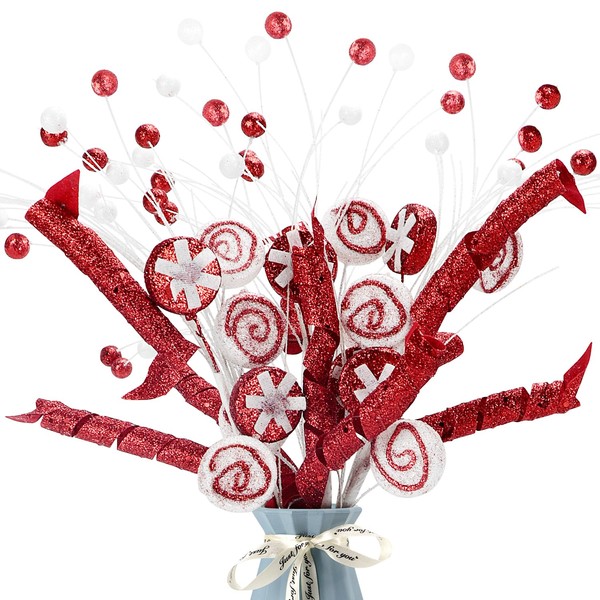 3 Pcs Glitter Christmas Curly Candy Pick Berry Stems Ball