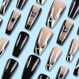 Press on Nails Medium Coffin Fake Nails French Tip Nails Press ons Glossy Glue on Nails Black False Nails with Rhinestones Silver Irregular Pattern Designs Artificial Stick on Nails for Women 24Pcs
