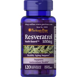 Puritan's Pride Premium Resveratrol Youth Guard™ 100mg, Dietary Supplement for Immune System, Antioxidant, Sugar Metabolism, Blood Flow, and Vascular Function Support, 120 Rapid Release Softgels