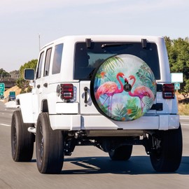 Dujiea Tropical Pink Flamingo Spare Tire Cover with Backup Camera Hole, Universal Wheel Tire Cover Tire Protectors for Jeep Trailer RV Van SUV Truck Camper and Many Vehicle 17inch