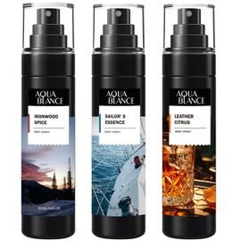 AQUA BLANCE Body Spray for Men, Mens Body Refreshing Spray, Long Lasting, Pack of 3, Each 3.4 Fl Oz, Total 10.2 Fl Oz, Ironwood Spice, Sailor' s Essence, Leather Citrus