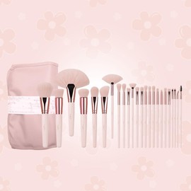 Tulip Day 24-Piece Makeup Brush Set - Soft Pink Design, Cruelty-Free Synthetic Bristles, Complete Face and Eye Brush Kit with Elegant Roll-Up Pouch - Ideal for All Makeup Lovers & Gift Giving