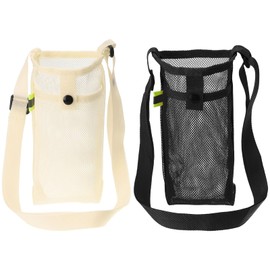 PATIKIL 22mmx13mm Water Bottle Bag, 2 Pack Mesh Portable Bottle Holder Carrier Adjustable Shoulder Strap for Sports Hiking Camping, Black Beige