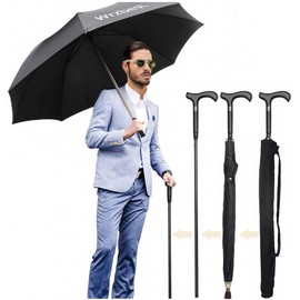 2-in-1 Walking Sticks Umbrella - Windbreak Ribs Walking Cane Crutch Self Protection Umbrella Heavy Duty Solid Tungsten Steel - Ideal Father's Gift for Climbing, Hiking,Rain (Classic:Black)