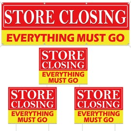 Fiwochic 4 Pcs Store Closing Everything Must Go Banner Signs Kit Lawn Yard Signs with Stakes and Grommets Polyester Fabric Reusable Weatherproof Banner for Outdoor Indoor Advertising Business
