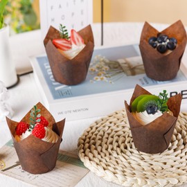 NPLUX 200PCS Brown Tulip Cupcake Liners Muffin Liners for Baking Greaseproof Cupcake Wrappers Standard Size, Perfect for Parties Holidays Homemade Cupcakes and Bakery