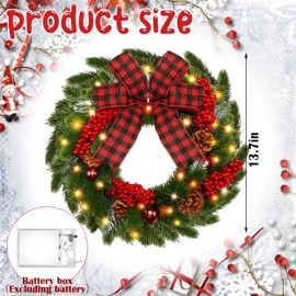 Dingion 14 Inch Christmas Lighted Wreath with Large Buffalo Plaid Bowknot Pine Cones Red Berries Hanging Outdoor Artificial Christmas Wreath with LED Lights for Xmas Holidays Party Decor Winter Home