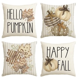 Artoid Mode Striped Maple Leaves Hello Pumpkins Autumn Cushion Covers Set of 4 50 x 50 cm Decorative Cushion Cover Couch Living Room Decoration