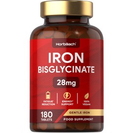 Iron Tablets 28mg | High Strength Iron Bisglycinate Supplement | 180 Count | Energy Support | Suitable for Vegans & Vegetarians | by Horbaach