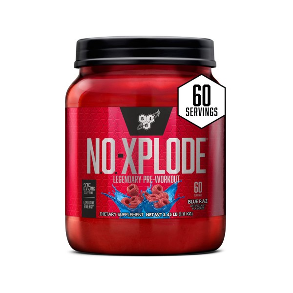 BSN N.O.-XPLODE Pre Workout Powder, Energy Supplement for Men and Women with Creatine and Beta-Alanine, Flavor: Blue Raz, 60 Servings