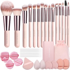 Set de 15 Brochas de Maquillaje de Viaje para Base, Polvos, Correctores Y Sombras de Ojos. Incluye 12 Borlas, Esponjas Y Bolsa (rosa)